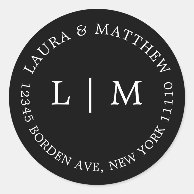 Pegatina Redonda Boda de monograma negro (Anverso)
