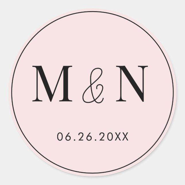 Pegatina Redonda Boda de monograma rosa y negro (Anverso)