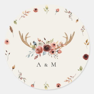 Pegatina Redonda Boda de Monograma Rústico Boho Stag Deer Antlers