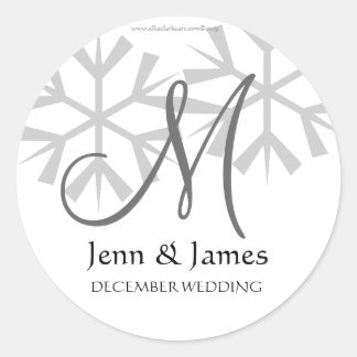 Pegatina Redonda Boda de Monograma Snowflakes Guardar la fecha