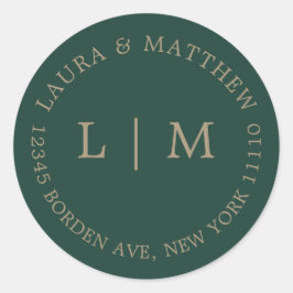 Pegatina Redonda Boda de Monograma Verde Esmeralda