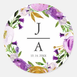 Pegatina Redonda Boda de Monograma Violet & Gold Floral Wreath