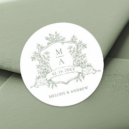 Pegatina Redonda Boda de Monogramas del Escudo elegante Sage Green