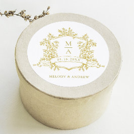 Pegatina Redonda Boda de Monogramas Escudo Floral Oro Elegante