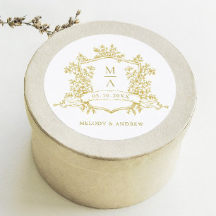 Pegatina Redonda Boda de Monogramas Escudo Floral Oro Elegante