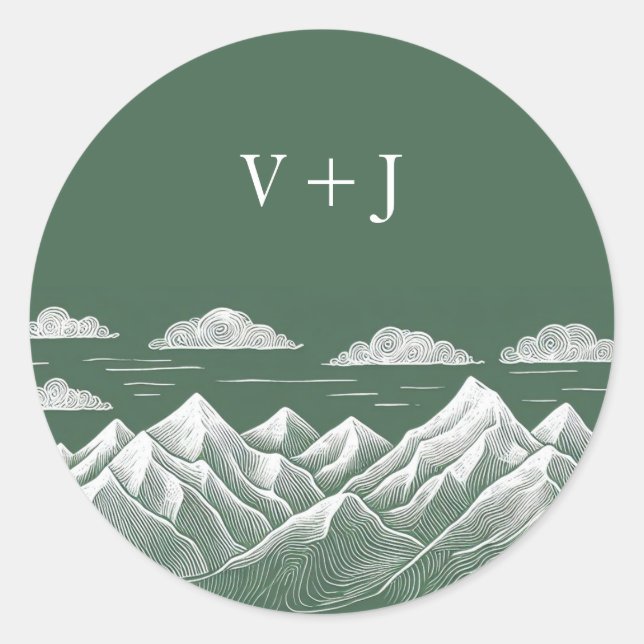 Pegatina Redonda Boda de Montaña Verde (Anverso)