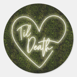 Pegatina Redonda Boda de Muerte en Boxwood White Neon Til