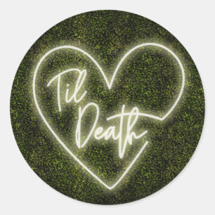 Pegatina Redonda Boda de Muerte en Boxwood White Neon Til