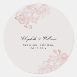 Pegatina Redonda Boda de Naranja de orquídeas clásicas de corte for