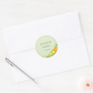 Pegatina Redonda Boda de Naranja y Limón de Jardín de Cítricos