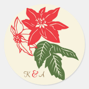 Pegatina Redonda Boda de Navidades de Poinsettias Rojas y Verdes