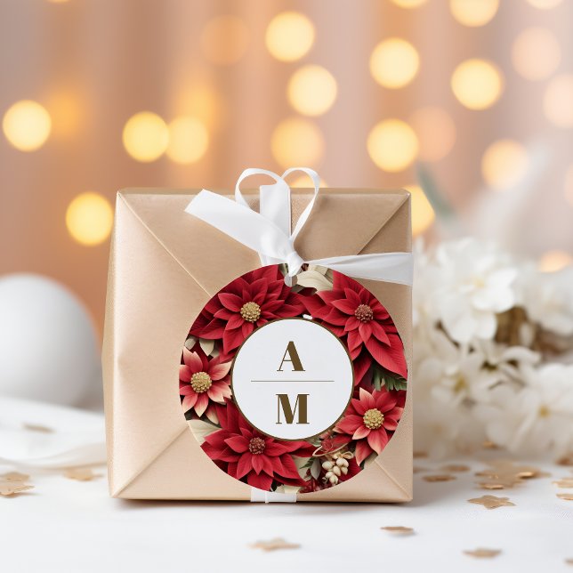 Pegatina Redonda Boda de Navidades florales de Pine Poinsettia Rust (Subido por el creador)