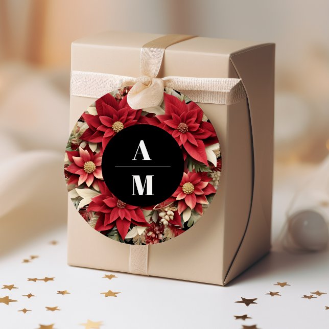 Pegatina Redonda Boda de Navidades florales de Poinsettia Negra Rus (Subido por el creador)