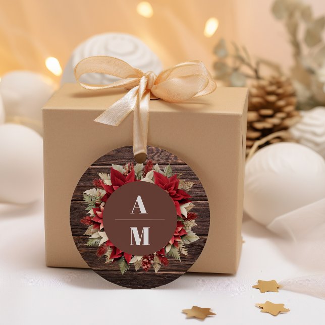 Pegatina Redonda Boda de Navidades florales de Poinsettia Rustic Wo (Subido por el creador)