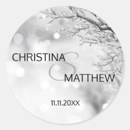 Pegatina Redonda Boda de Nieve de Invierno Personalizado Wonderland