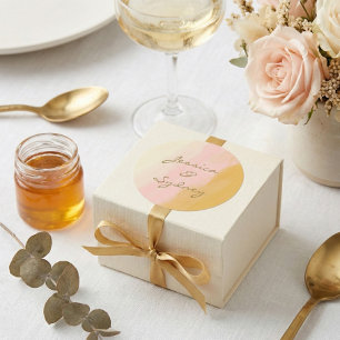 Pegatina Redonda Boda de nombre rosa y amarillo de color de agua de