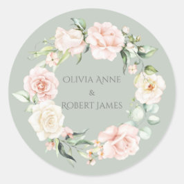 Pegatina Redonda Boda De Nombres Florales De Rubor De Color Verde D