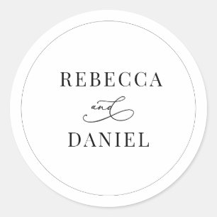 Pegatina Redonda Boda de nombres personalizados clásicos en blanco