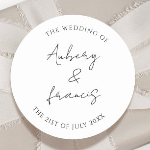 Pegatina Redonda Boda de nombres personalizados de blanco negro clá