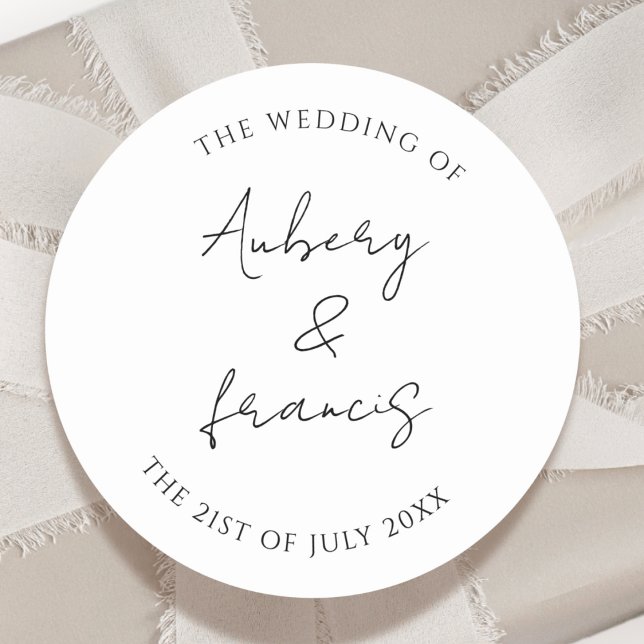 Pegatina Redonda Boda de nombres personalizados de blanco negro clá (Subido por el creador)
