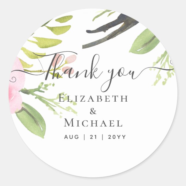 Pegatina Redonda Boda de oliva rosada de Rubor Gracias Por Favor (Anverso)