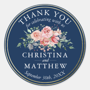 Pegatina Redonda Boda de oro acuarela azul floral de la marina grac