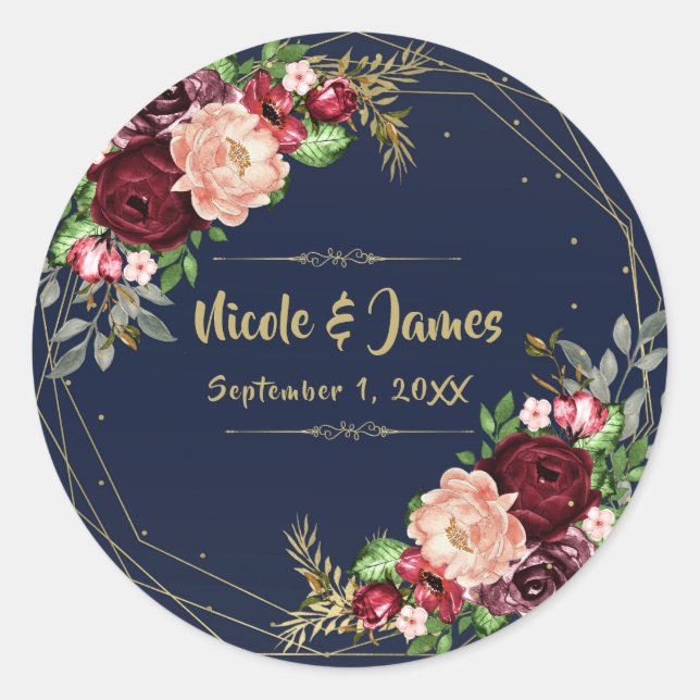 Pegatina Redonda Boda de oro azul y borgoña de la armada floral de  (Anverso)