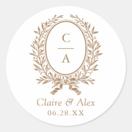 Pegatina Redonda Boda de oro elegante Escudo de hoja de oliva