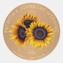 Pegatina Redonda Boda de oro naranja quemado con ramo de girasol