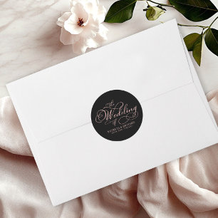 Pegatina Redonda Boda de oro rosa y negro con caligrafía
