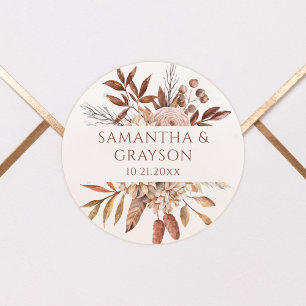 Pegatina Redonda Boda de otoño boho flores de terracota óxido