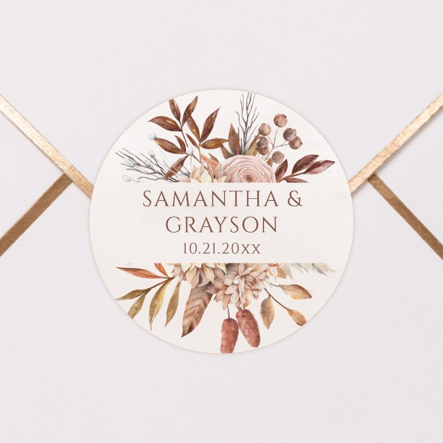 Pegatina Redonda Boda de otoño boho flores de terracota óxido (Subido por el creador)