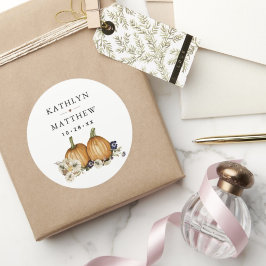 Pegatina Redonda Boda de otoño de calabaza botánica rústica