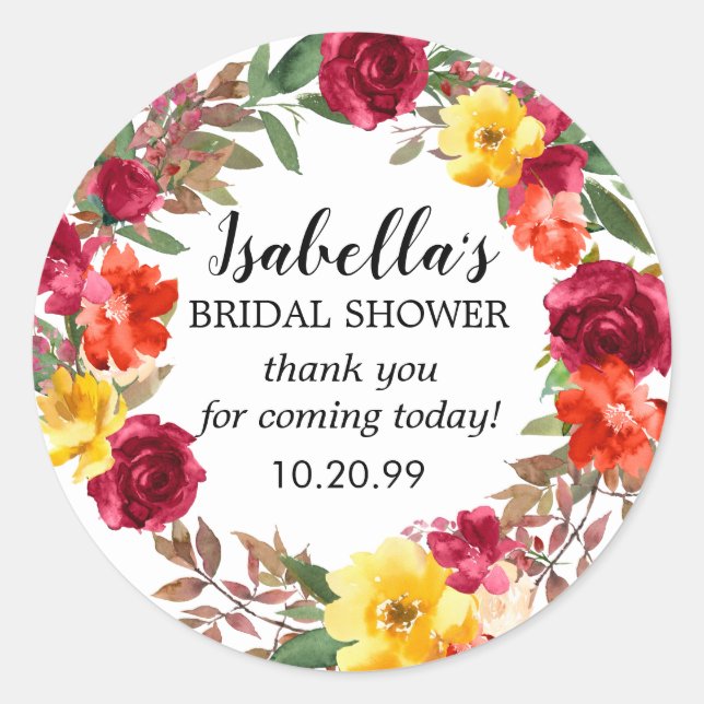 Pegatina Redonda Boda de otoño en rojo borgoña y amarillo con flore (Anverso)