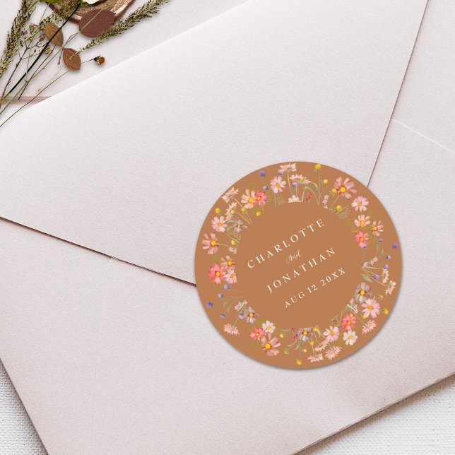 Pegatina Redonda Boda de Otoño Floral Boho (Boho rustic floral fall custom wedding stickers Watercolor wildflowers elegant modern Terracotta )