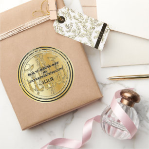 Pegatina Redonda Boda de pájaro de amor de candelabro negro y dorad