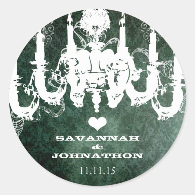 Pegatina Redonda Boda de pájaro de la lámpara de araña verde profun (Anverso)