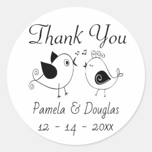 Pegatina Redonda Boda de pájaros de amor negros Agradecimiento Desp