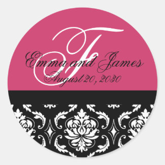 Pegatina Redonda Boda de pedido personalizado Monogram Fushia #2 Se