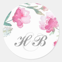 Pegatina Redonda Boda de peonía de acuarela floral