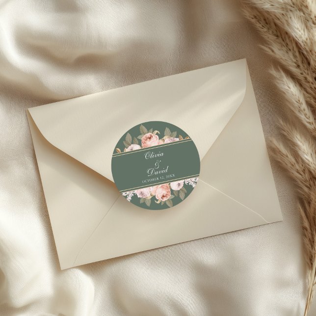 Pegatina Redonda Boda de Peonías Verde Salvia Boho (Boho Sage Green Peonies Wedding Classic Round Sticker on an elegant wedding envelope)
