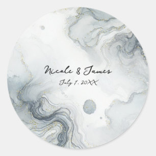 Pegatina Redonda Boda de Playa Acuarela Azul Gris y Dorado