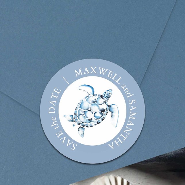 Pegatina Redonda Boda de playa Acuarela Mar Turtle Azul (Save the date sticker envelope seal watercolor sea turtle art Victoria Grigaliunas Do Tell A Belle)