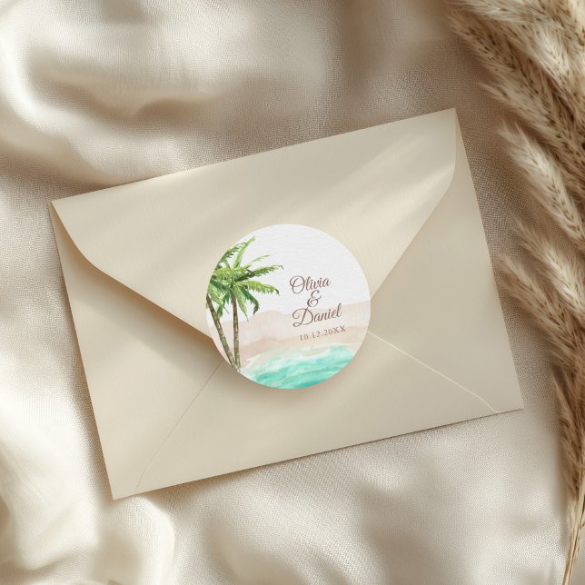 Pegatina Redonda Boda de Playa Arenosa Turquesa con Acuarela (Watercolor Turquoise Sandy Beach Wedding Classic Round Sticker on a wedding envelope.)