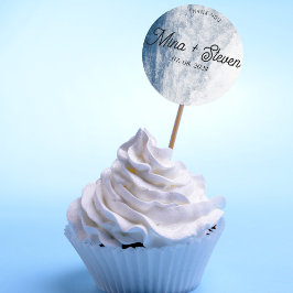 Pegatina Redonda Boda de playa con acuarela azul costa océano