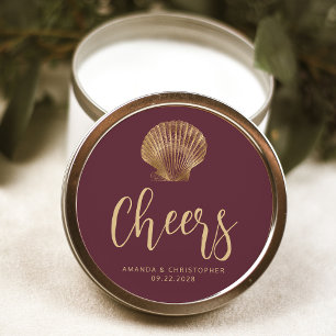 Pegatina Redonda Boda de Playa Costera Burgundy Gold Cheers