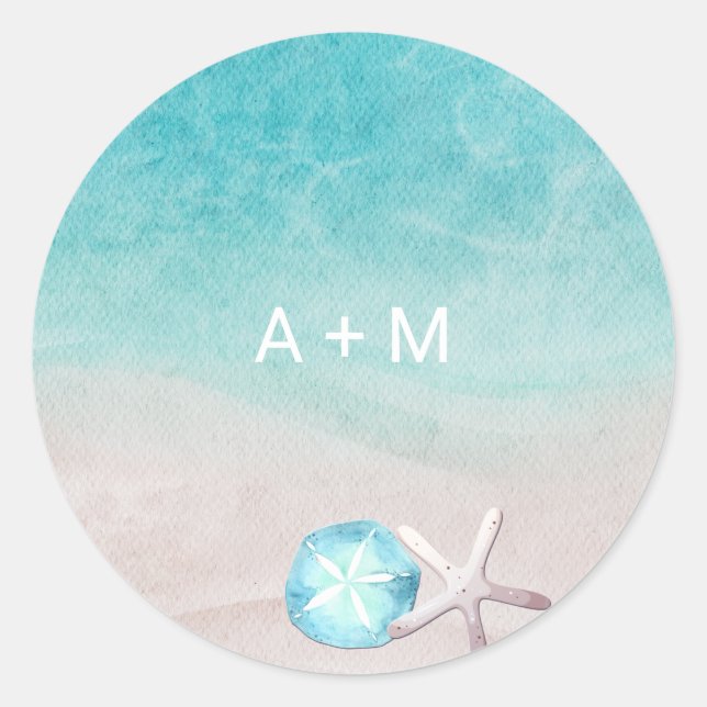 Pegatina Redonda Boda de playa de acuarela tropical (Anverso)