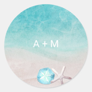 Pegatina Redonda Boda de playa de acuarela tropical