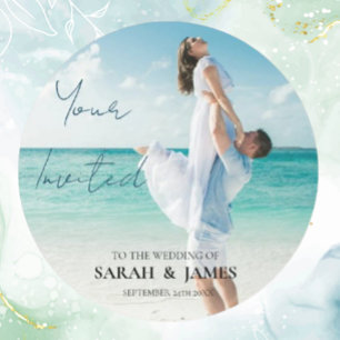 Pegatina Redonda Boda de playa moderna con foto personalizada