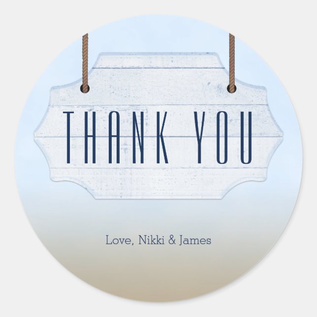 Pegatina Redonda Boda de playa Rótulo de Madera Blanca Favor Pegati (Anverso)